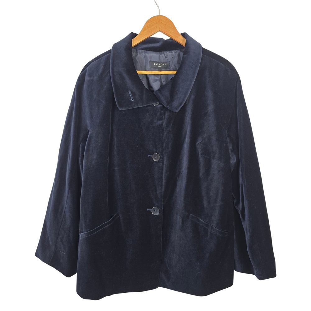 Talbots Woman Navy Blue Cotton Velvet Button Front Jacket Blazer 16W NWT